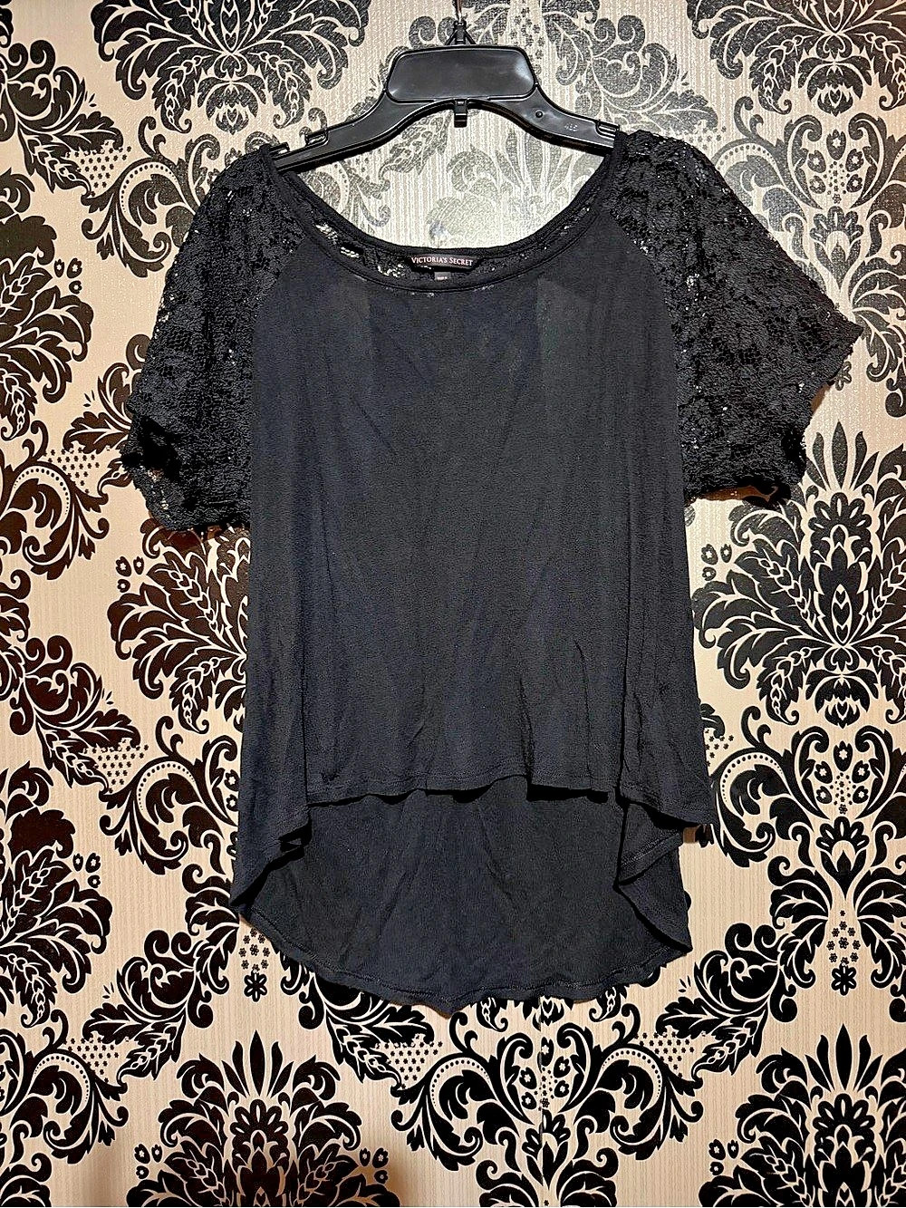 Victoria's Secret Black Lace Sleeve Blouse Size Small Good